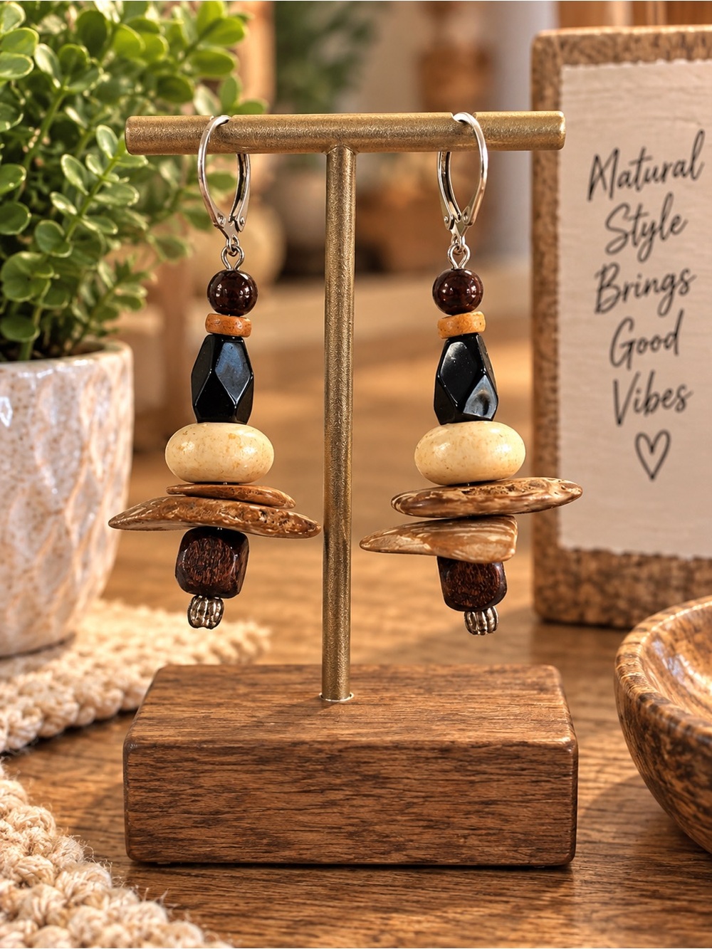 Boho Natural Stone & Wood Drop Earrings in Beige and Black